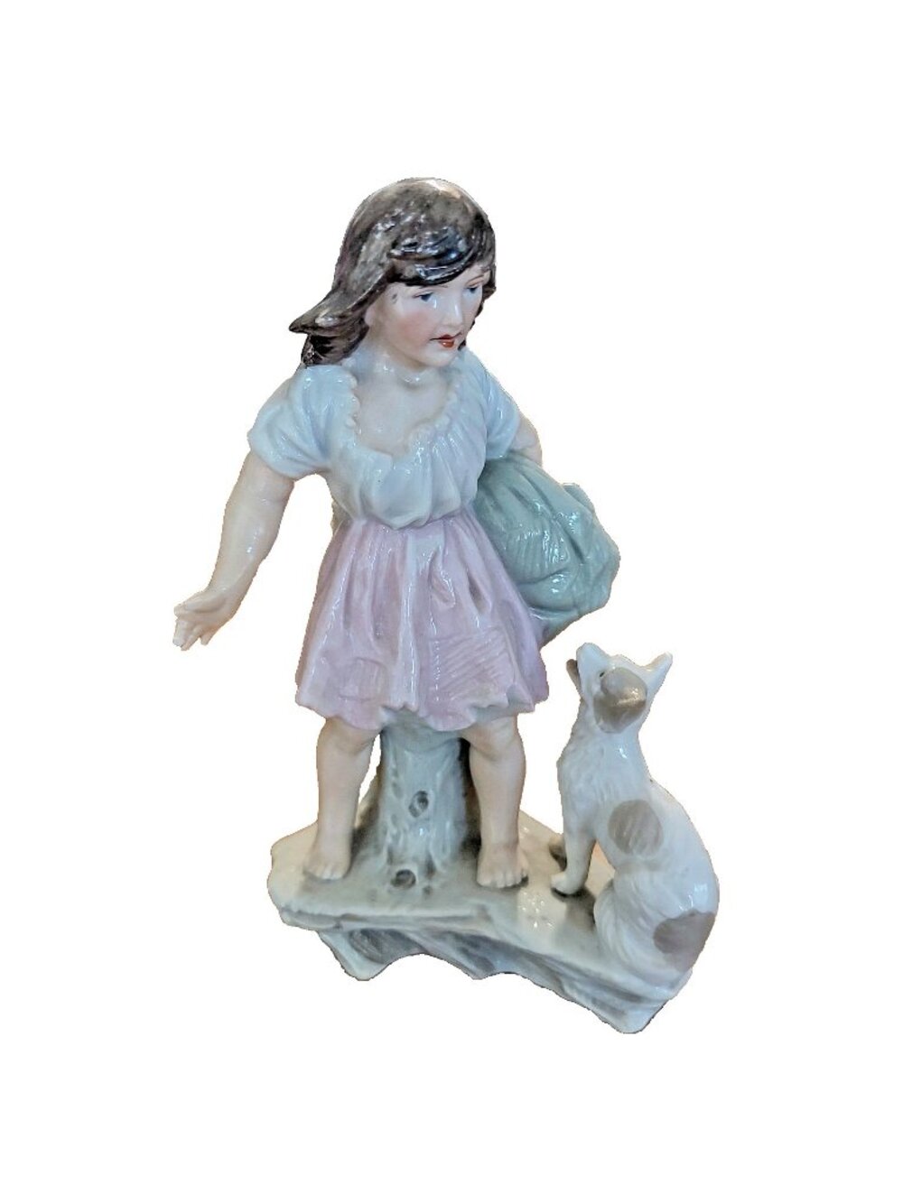 Antique German Bisque Pair Boy Girl Dog Figurines Spill Vases Heubach Style VI
